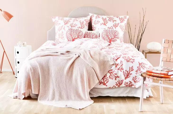 Peach-colored textiles are great for the bedroom