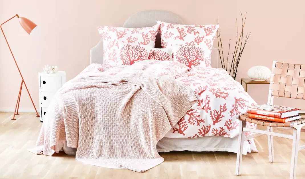 Peach-colored textiles are great for the bedroom