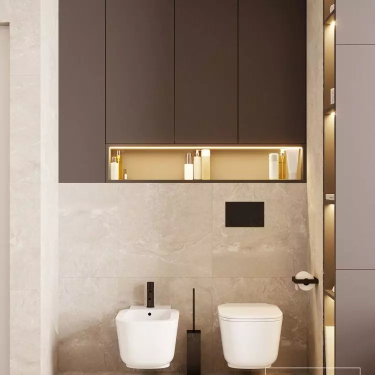 The toilet area has been finished with bright tiles