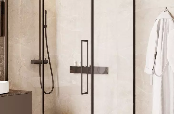 Dark, minimalist shower contrasts with light background
