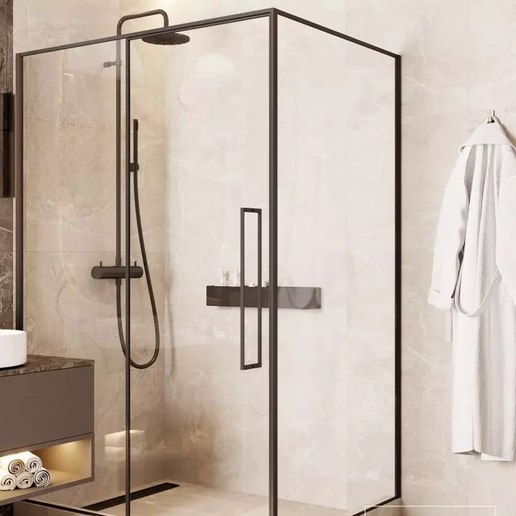 Dark, minimalist shower contrasts with light background