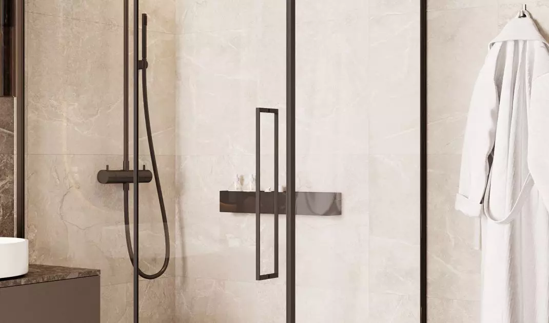 Dark, minimalist shower contrasts with light background