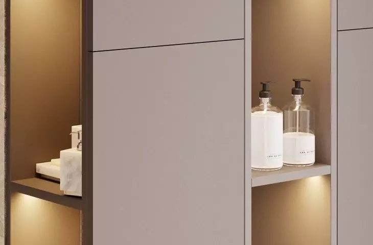 A capacious enclosure provides storage space