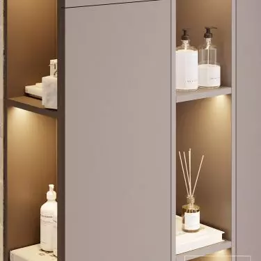 A capacious enclosure provides storage space