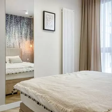 A large mirror panel illuminates and optically enlarges the space