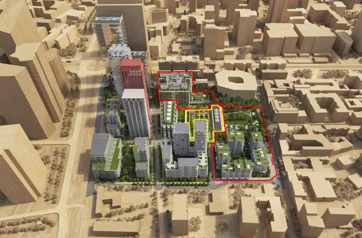 visualization of the entire complex; red part to be ready by the end of 2025, yellow part in 2026