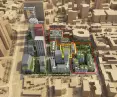 visualization of the entire complex; red part to be ready by the end of 2025, yellow part in 2026