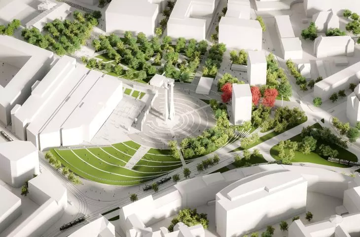 Widok na Plac Solidarności z lotu ptaka - zwycięska praca APA Wojciechowski Architekci