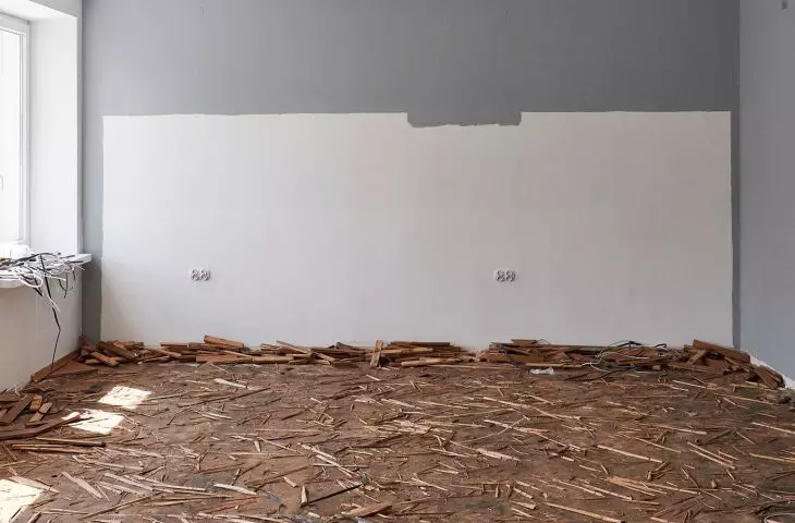 Remnants of a dismantled parquet floor in an apartment building on Rozbrat Street