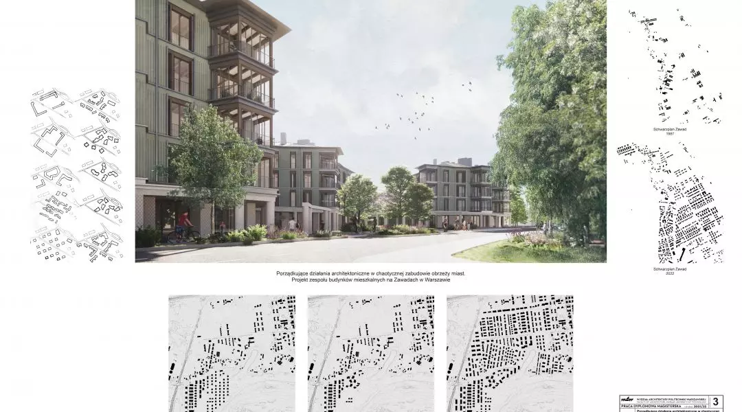 I Nagroda, proj.: „Porządkujące działania architektoniczne w chaotycznej zabudowie obrzeży miast. Projekt zespołu budynków miesz
