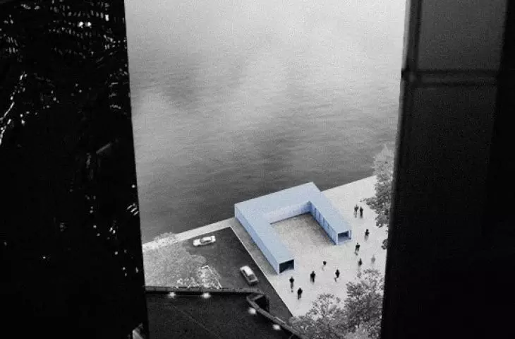 The pavilion consists of three concrete blocks