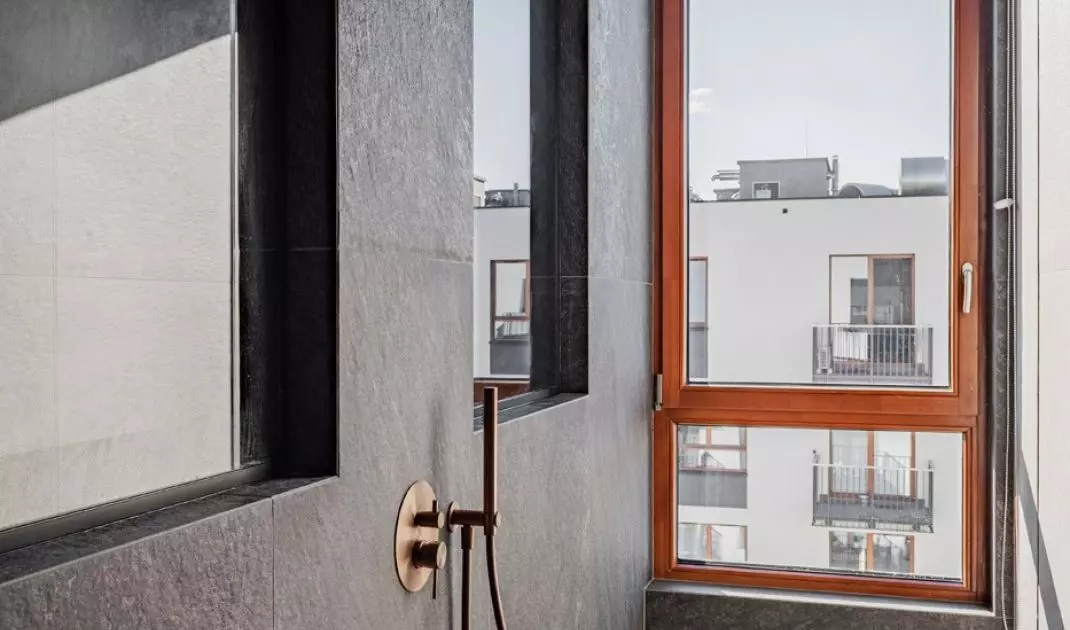 The shower area has a window