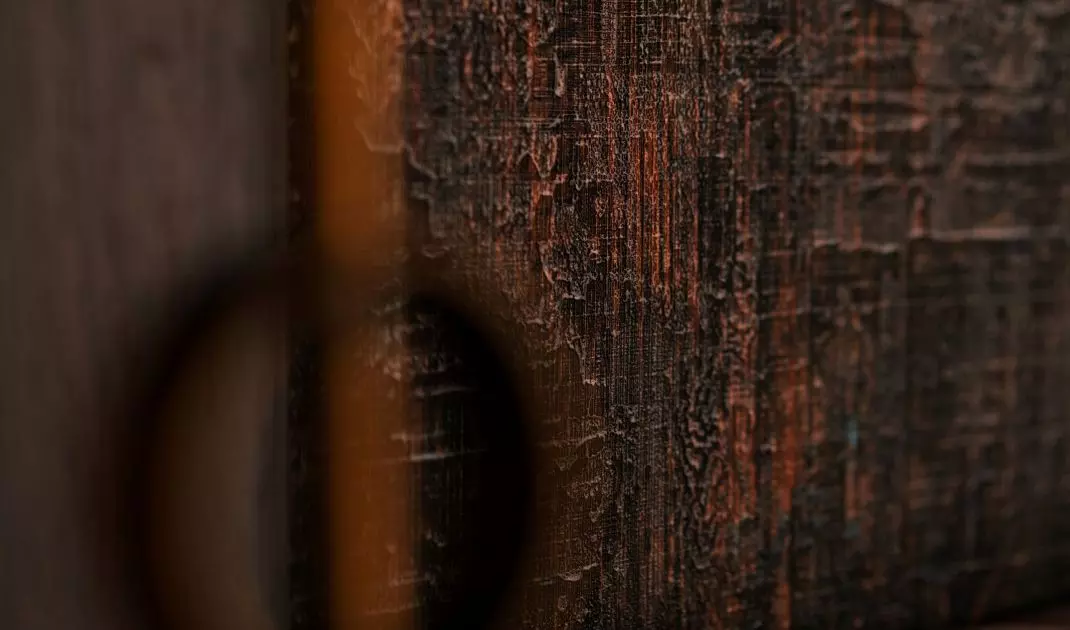 The bedroom is dominated by dark colors