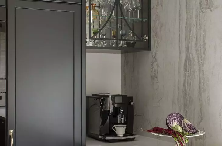 Walls are covered with marble pattern stoneware