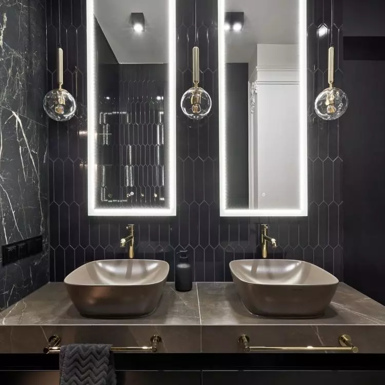 The countertop with sinks was made of the same tiles used to line the floor
