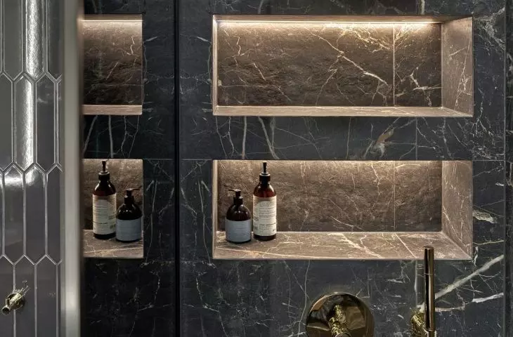 Illuminated shelves for cosmetics are a practical and stylish solution