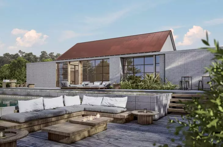 Terracotta-colored solar roof fits in with suburban or urban development