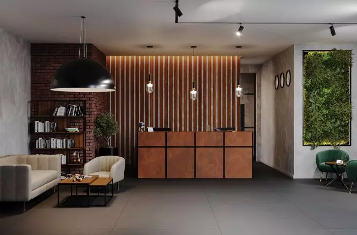 Luxum, lada recepcyjna z GFK Luxum® na wymiar z pokryciem COR-TECH™ ze stali Corten®