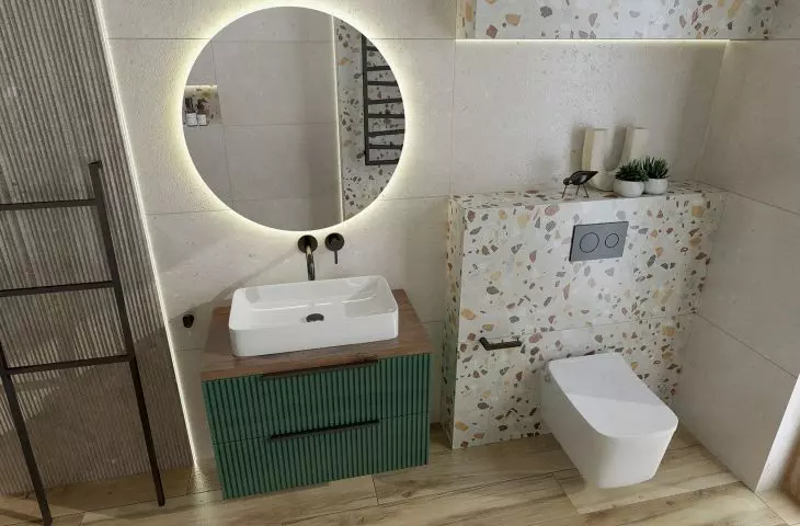 Szafka wisząca Oklahoma Green Mat 80 z blatem Oak 80 i umywalką Pasana, Bateria umywalkowa podtynkowa Orion Black Mat, lustro Stilbe 80, miska wisząca Murya z deską Smart, stojak na ręczniki Bohol