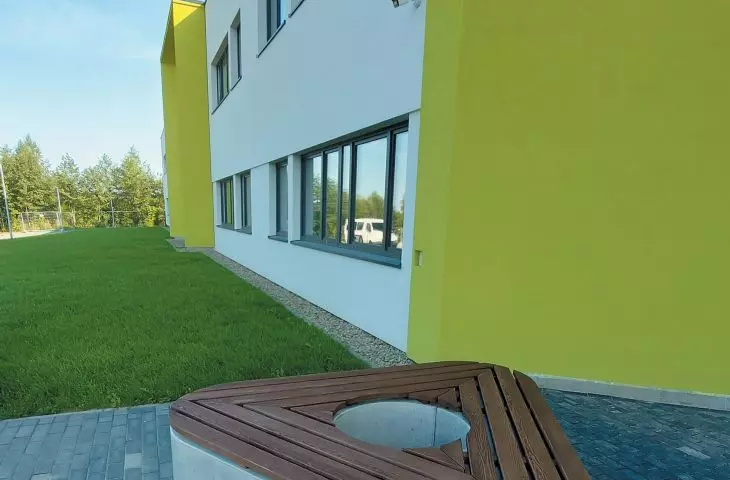Concrete bench with wooden seat GAAG - School Bench of architectural concrete GAAG - urban space Elementary in Sroda Slaska