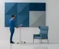 From left: CubiSound sound-absorbing and sound-dissipating acoustic panel system, compact desk Variant with pneumatic height adjustment, with folding top and writing surface