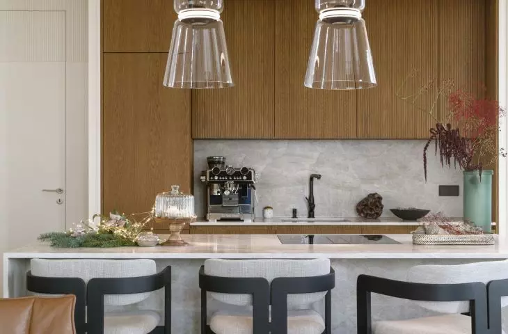 The kitchen cabinet was made of wood and stone