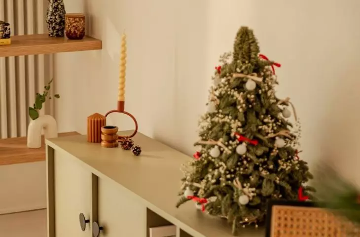 One of the decorations is a small Christmas tree