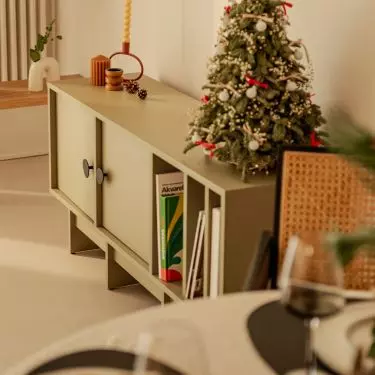 One of the decorations is a small Christmas tree