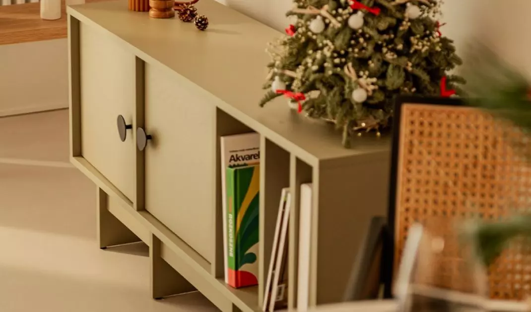 One of the decorations is a small Christmas tree