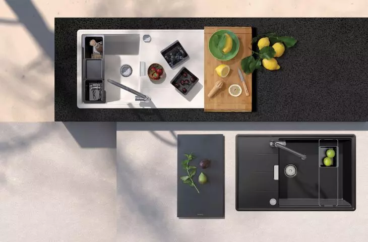 Cristadur® TIA D100 LS sink in white (Polaris) and black (Magma) with accessories like black plastic board (29184), wooden board (629044), frame (629727), functional inserts in black (629728)