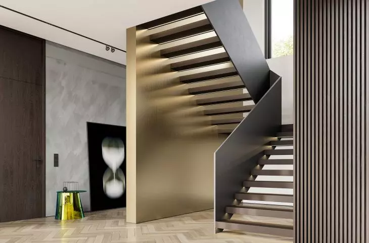 Interior staircase painted with Capadecor Metallocryl paint adds elegance to the interior