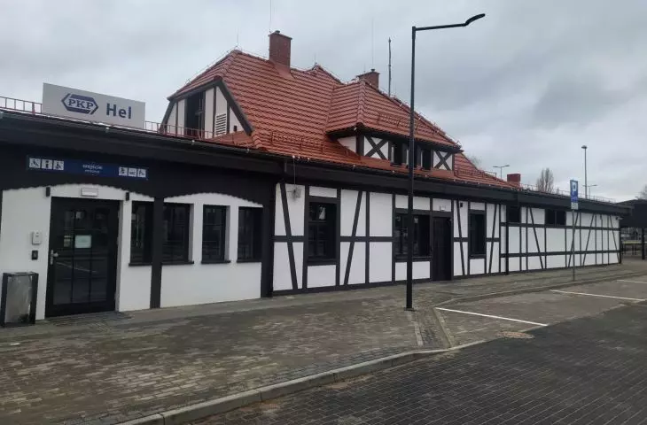 Renovated façade of the train station in Hel