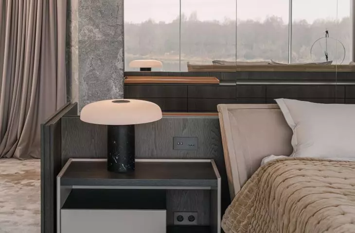 Near the bed stand mushroom-shaped lamps 