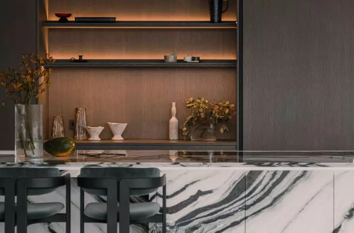 Black and white panda white marble was used in the kitchen