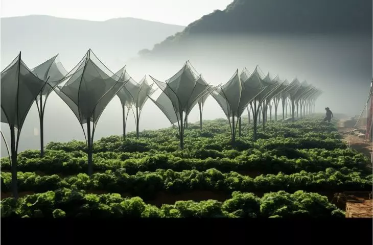 Cloud Catching Canopy project in the process of catching the fog