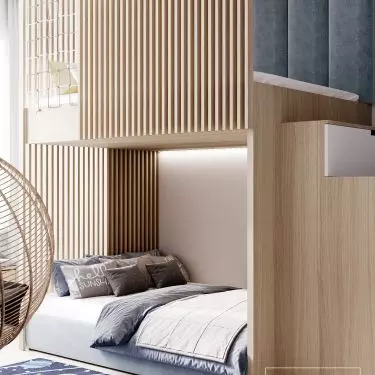 The bunk bed has been finished with piping, mesh and upholstered panels