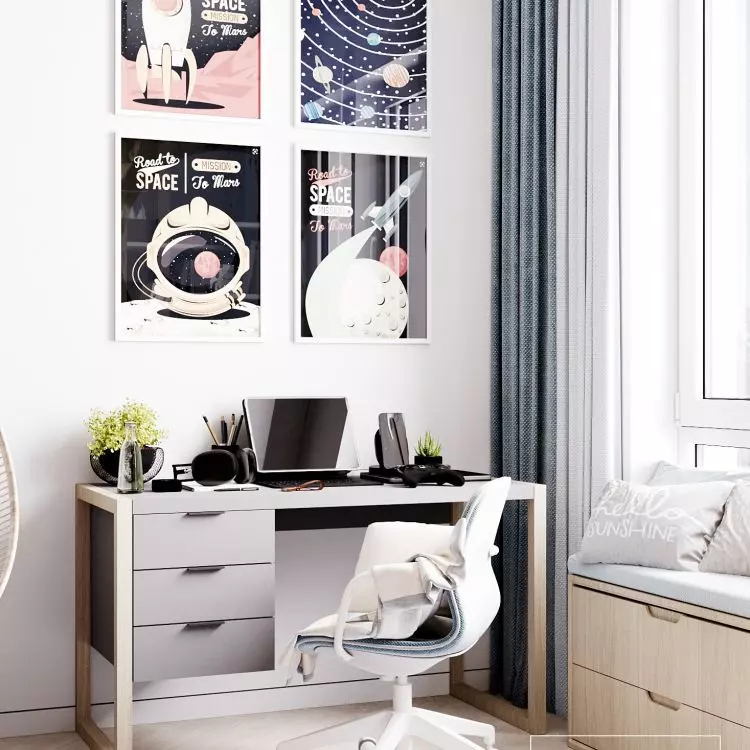Space-inspired graphics hang above the desk