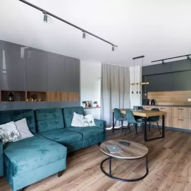 Kitchenette with matte green fronts in the upper development strip