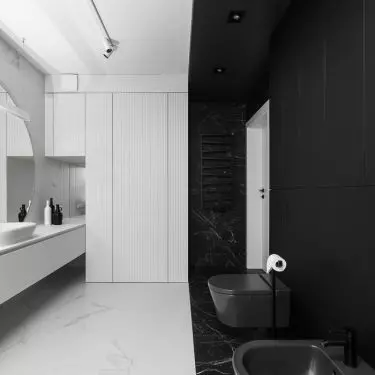 In the dark part of the bathroom, even the ceiling was covered with black