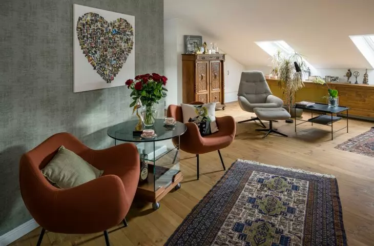 The artist's studio has a sitting area