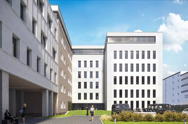 Visualization of the new District Court building and the already completed connector; view from the inner courtyard
