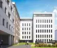 Visualization of the new District Court building and the already completed connector; view from the inner courtyard