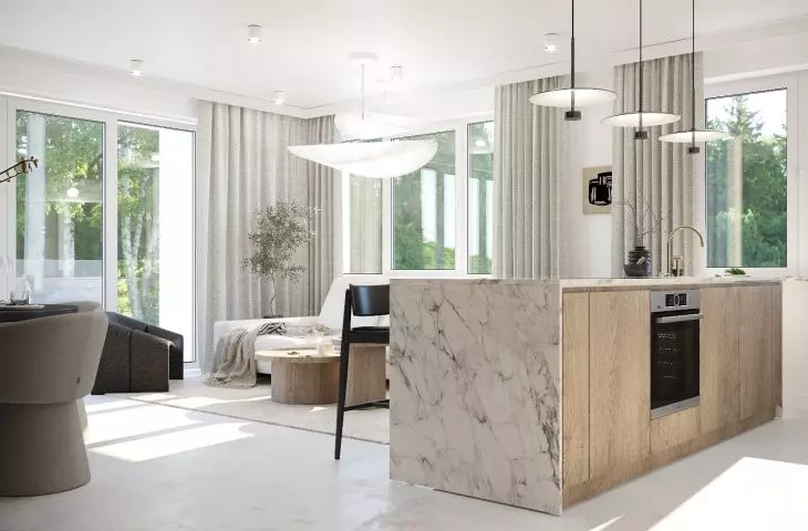 The kitchen island has several functions