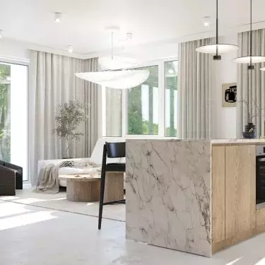 The kitchen island has several functions