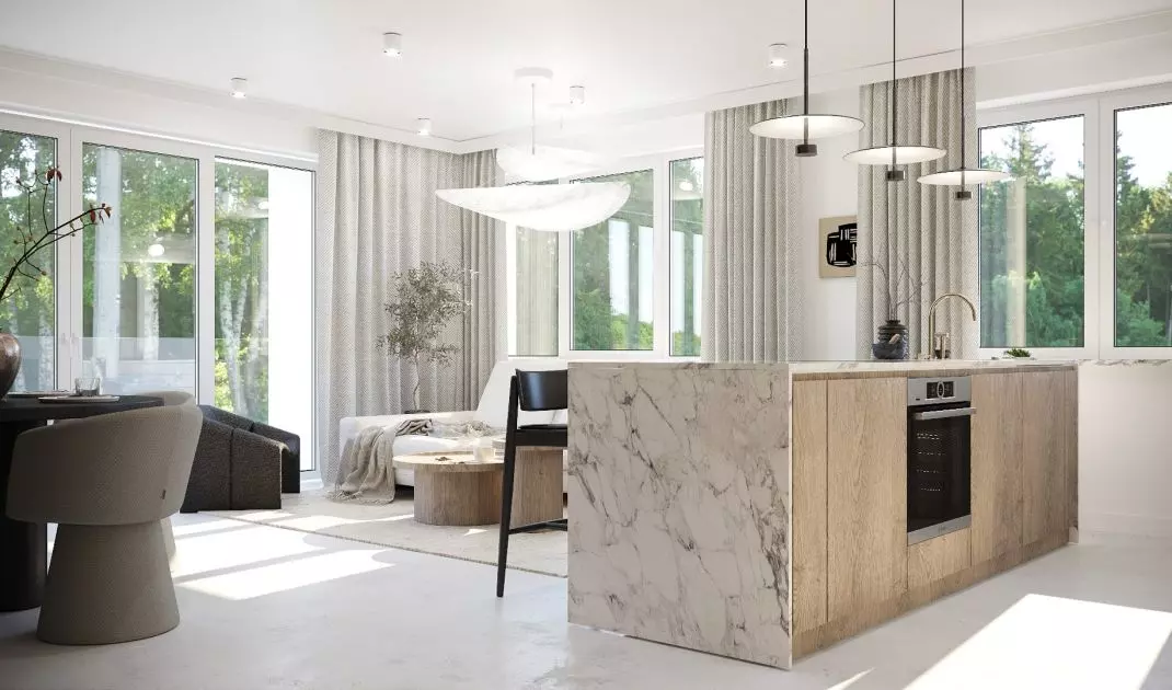 The kitchen island has several functions