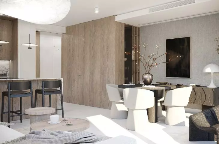 The arrangement includes a lot of beige, white and wood