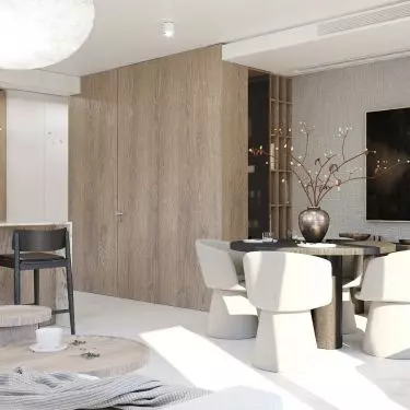 The arrangement includes a lot of beige, white and wood