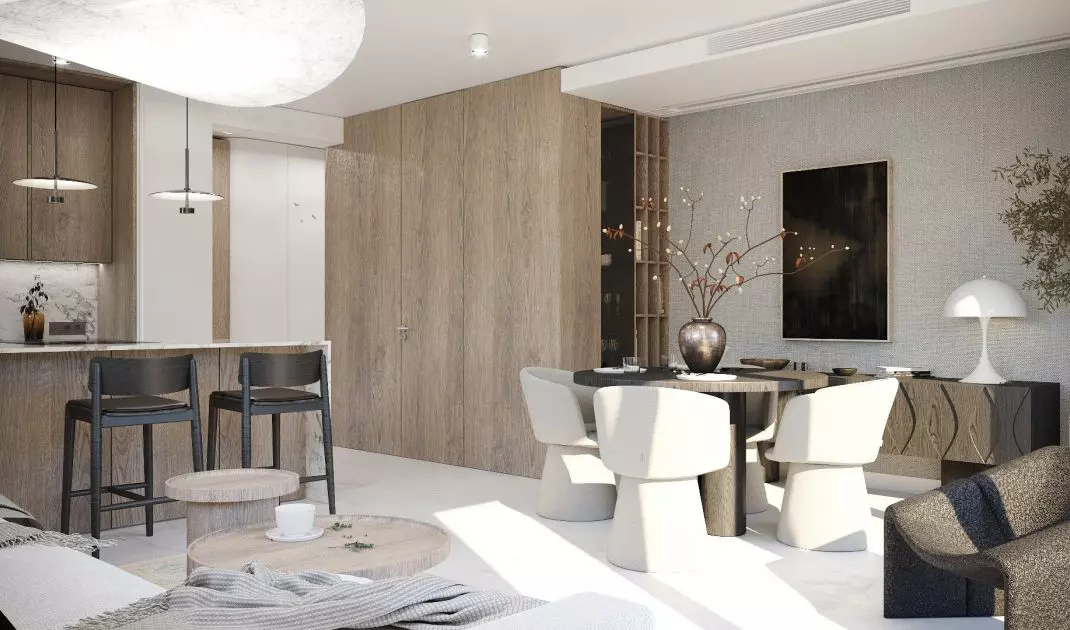 The arrangement includes a lot of beige, white and wood