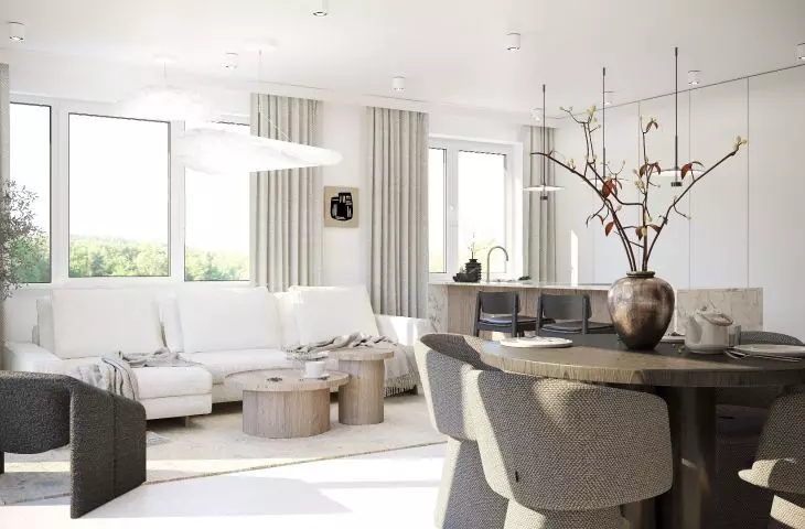 Open living area consists of kitchen, living room and dining room