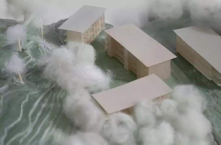 Wooden buildings on the site of the foundation, model